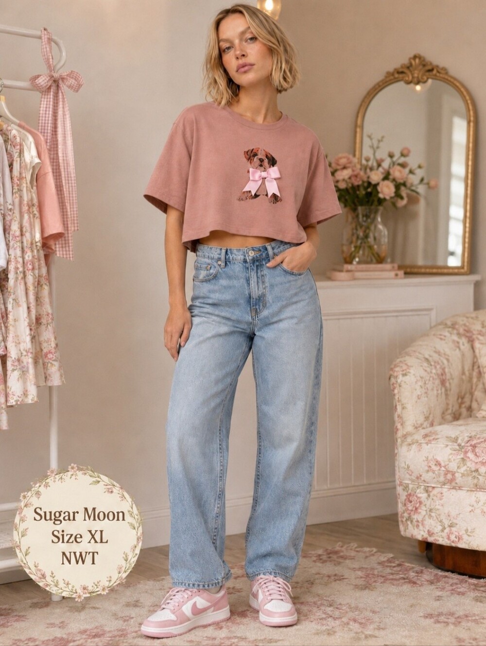 Sugar Moon NWT Dog Graphic Crop Tee Dusty Rose Pink Bow | Size XL